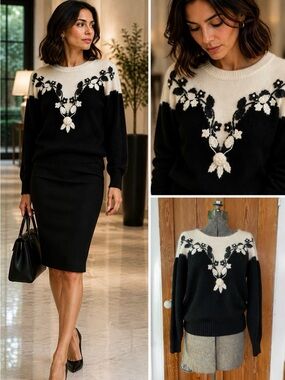 Vintage 80s Donagain Angora Wool 3D Floral Appliqué Pearl Sweater Sz M💛🎀